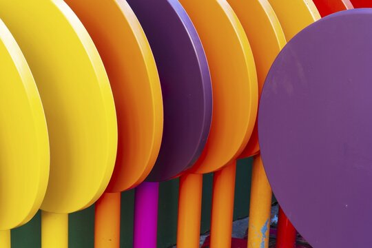 Colourful folding chairs and tables, Paris, France