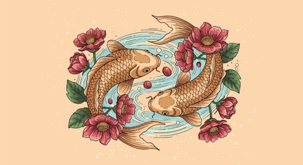Tattoo Design with Koi Fish and Flowers.