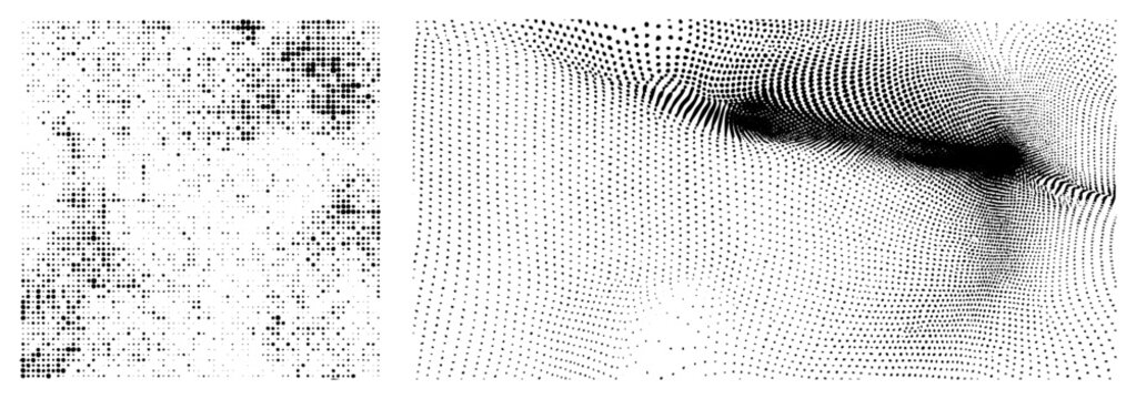 Halftone dot matrix creating illusion of depth, wave motion, and organic texture, vector art with isolated foreground, black and white aesthetic.