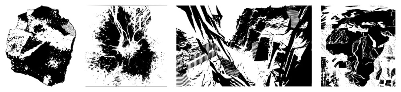 Fragmented rock surface with halftone shading, mineral texture, geological strata, vector art, isolated terrain, stylized earth, graphic rock formation.