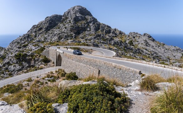 Mountain pass with switchbacks to Sa Colobra, Nus de Sa Corbata road loop, Serra de Tramuntana, Majorca, Balearic Islands, Spain