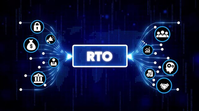 RTO business technology concept with futuristic digital icons and glowing interface on dark blue background