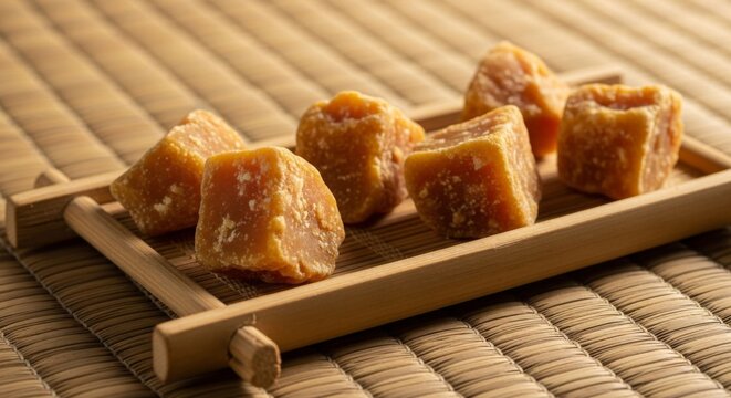Natural Jaggery Cubes on Bamboo Tray