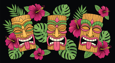 Three Tiki Masks with Tropical Leaves Flowers.