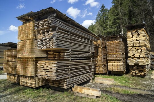 Stored sawn timber, wooden boards, sawmill in Oberstdorf, Allg&auml;u, Bavaria, Germany