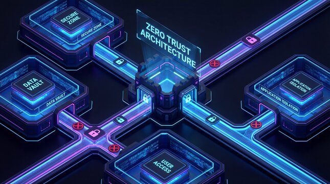 Futuristic zero trust architecture network infrastructure visualized with neon blue glowing pathways and nodes on a dark background