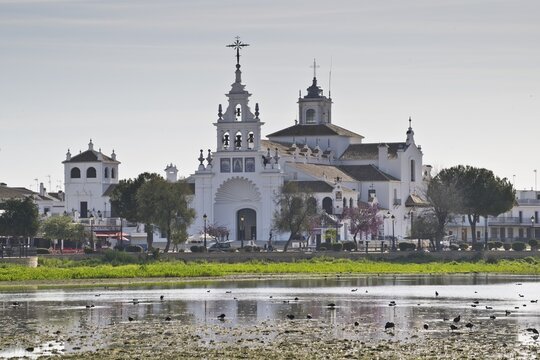 Sanctuary Ermita de el Rocio with lagoon, El Rocio, Andalusia, Spain