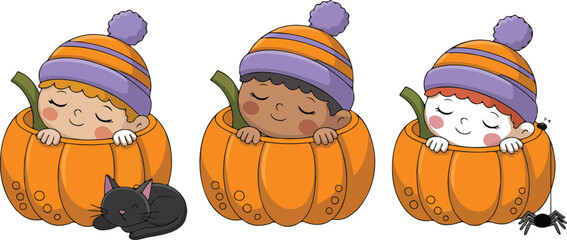 Fototapeta premium Cute Pumpkin Sleep Outline Illustration Set Children Napping Inside Pumpkins