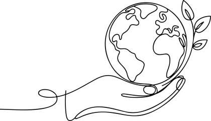 A minimalist line art illustration of a hand holding a globe in a continuous single-line drawing style.