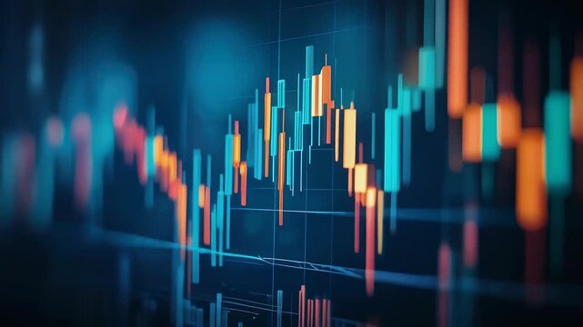 Abstract financial chart with colorful candlesticks and blurred background.