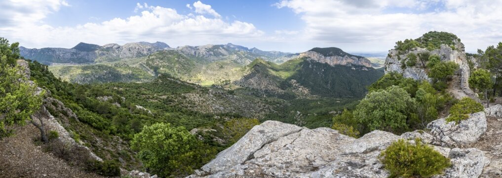 View over the mountains of the Serra de Tramuntana, Valley of Orient, Castell Alar&oacute;, Puig dAlar&oacute;, Majorca, Spain