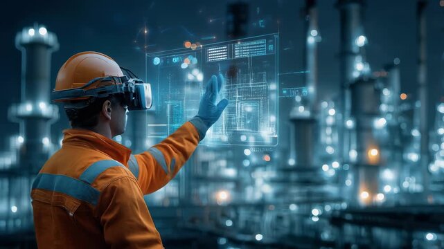 A worker in VR gear interacting with a digital interface at night.