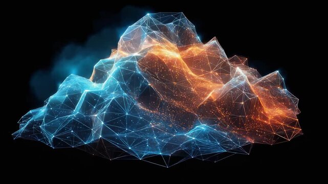A vibrant digital cloud composed of glowing geometric shapes.
