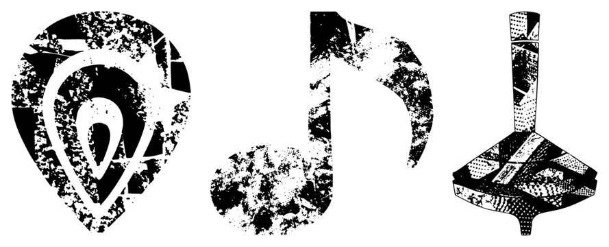 Distressed black and white vector featuring location pin, musical note, and yo yo with gritty texture, ideal for retro or urban design projects.