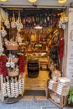 Entrance of a shop with local specialities, sausage, cheese, garlic and chillies, Palma de Majorca, Majorca, Balearic Islands, Spain