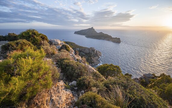 View of mountains and coast with sea, in the evening light, hiking to La Trapa from Sant Elm, at the back island Sa Dragonera, Serra de Tramuntana, Majorca, Spain