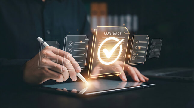 Businessman signing digital document with stylus pen on tablet,holographic contract icon with checkmark,electronic signature technology,legal agreement,smart paperless workflow.