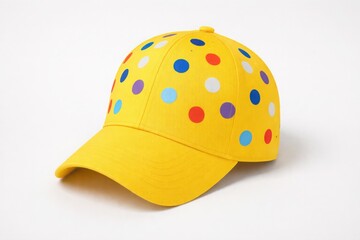 Fototapeta premium Bright yellow fashion cap with multicolored polka dots and plain visor on white background