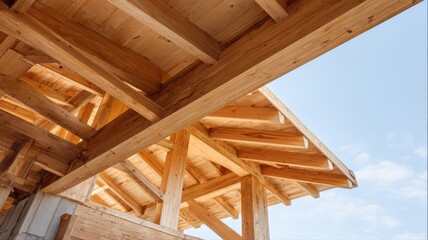 Wooden Frame of a Building Under Construction Showing Lumber and Beams Against a Clear Blue Sky
