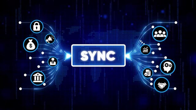 Digital data synchronization concept with glowing icons and futuristic network background in dark blue gradient