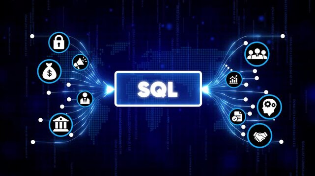 SQL database technology concept with digital icons and glowing network in futuristic dark blue background