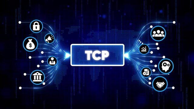 TCP network protocol digital technology concept with glowing icons and futuristic background in dark blue gradient