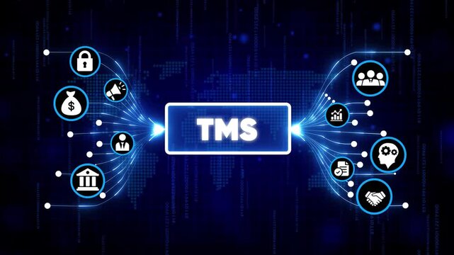 Transportation Management System TMS digital interface with futuristic icons and global logistics network on dark blue background