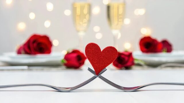 Love vibe table scene featuring crossed forks, red heart centerpiece, roses, champagne flutes under cozy bokeh lights, elegant romance setup