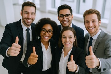 Enthusiastic Diverse Business Team Giving Thumbs Up in Modern Office, Representing Success and Collaboration