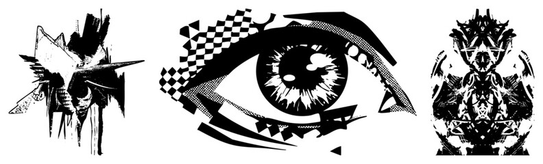 Stylized eye with checkered and halftone textures, abstract skulls with brushstroke effects, vector art, graphic design elements, bold contrast, surreal composition.