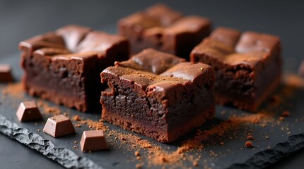 Triple-Chocolate Brownie Squares with Cocoa Dusting on Slate