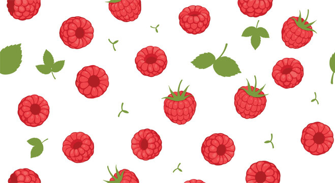 Seamless pattern of ripe red raspberries and green leaves on a white background for summer food packaging, textile prints, kitchen wallpaper, and healthy organic fruit design.