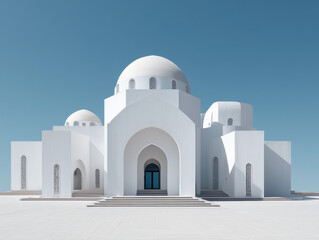 AI-generated image - A modern, clean illustration or 3D visualization of a mosque with prominent white domes, arches, and a clear blue sky background.