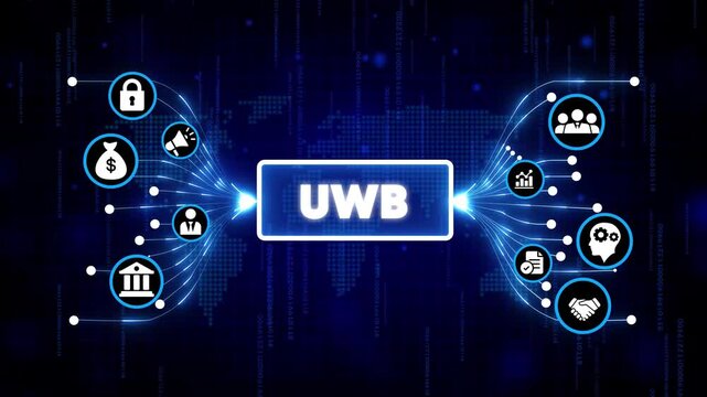 Ultra Wideband UWB technology concept with digital icons and futuristic blue network background for connectivity and innovation