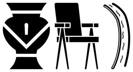 Fototapeta premium Three stylized vase like form, chair silhouette, curved wave. Flat vector art with bold and negative space. Modern graphic elements for branding or UI.