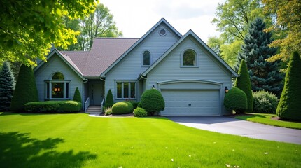 Obraz premium A beautifully maintained gray suburban home with a lush, manicured lawn.