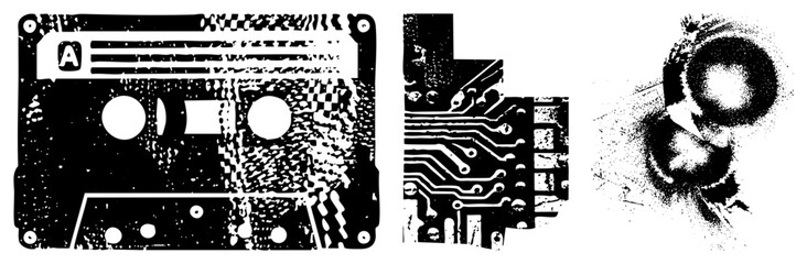 Obraz premium Grunge style vector of cassette tape, PCB, and headphones with halftone textures, digital nostalgia, tech retro, isolated graphic elements.