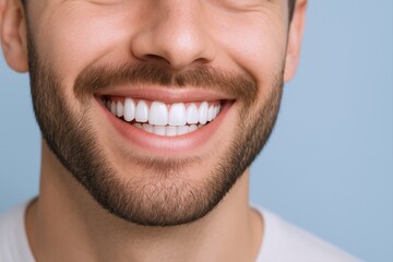 Fototapeta premium Close-up of a Man's Bright Smile with Perfect White Teeth, Showcasing Dental Health and Confidence