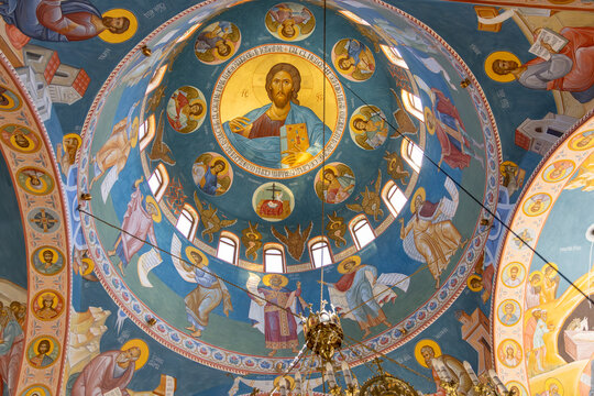 Orthodox Church Dome Fresco with Christ Pantocrator, Angels and Saints, Vibrant Byzantine Iconography and Sacred Christian Art Interior for Faith, History and Spiritual Concepts