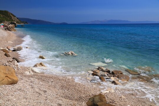 Albanian Riviera view in summer. Borsh beach in Vlore County, Albania. Sunny weather.