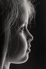 Beautiful black and white profile portrait of a little girl's face, isolated on a dark background. A touching and dramatic image of childhood innocence, contemplation, and dreams. © dechevm