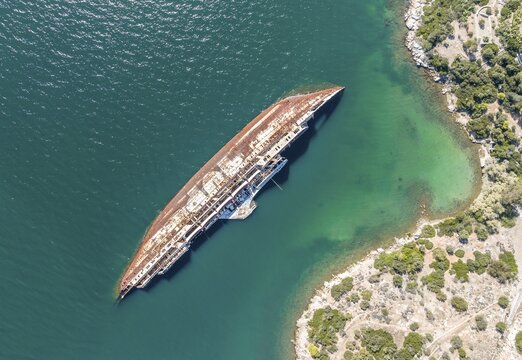 Aerial view, wreck of the ship Mediterranean Sky, Bay of Eleusis, Attica, Greece