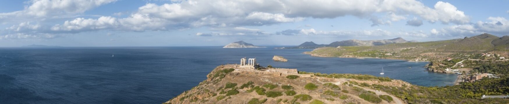 Aerial view, panorama, Cape Sounion, ruins and columns of the ancient Temple of Poseidon, Attica, Greece