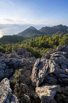 Volcanic peninsula Methana, view over the sea and landscape with mountains and extinct volcanoes, Saronic Gulf, Peloponnese, Greece