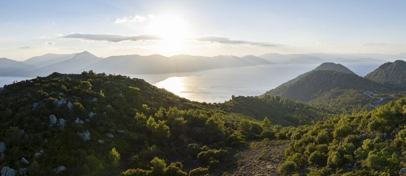 Volcanic peninsula Methana, view over the sea and landscape with mountains and extinct volcanoes, Saronic Gulf, Peloponnese, Greece