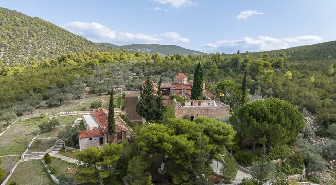 Aerial view, Moni Agnountos Monastery, Peloponnese, Greece