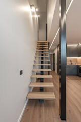 Fototapeta premium Modern Home Apartment Wooden Staircase in Contemporary Hallway With Stylish Interior Design