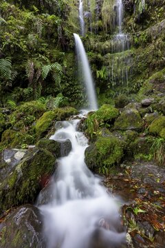 Waterfall on a rock face overgrown with ferns and moss, long exposure, Levada do Caldeir&atilde;o Verde, Parque Florestal das Queimadas, Madeira, Portugal