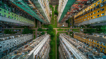 Naklejka premium Real estate business market, house home building purchase sale. An aerial view of a multistory residential area, with buildings featuring windows, vehicles on the ground, and lush green grass.