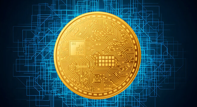 Golden digital cryptocurrency coin with circuit board pattern on
